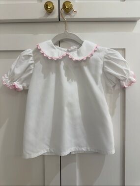 Remember Nguyen White Girls' Peter Pan Collar Top with Pink Rick Rack Trim 24M
